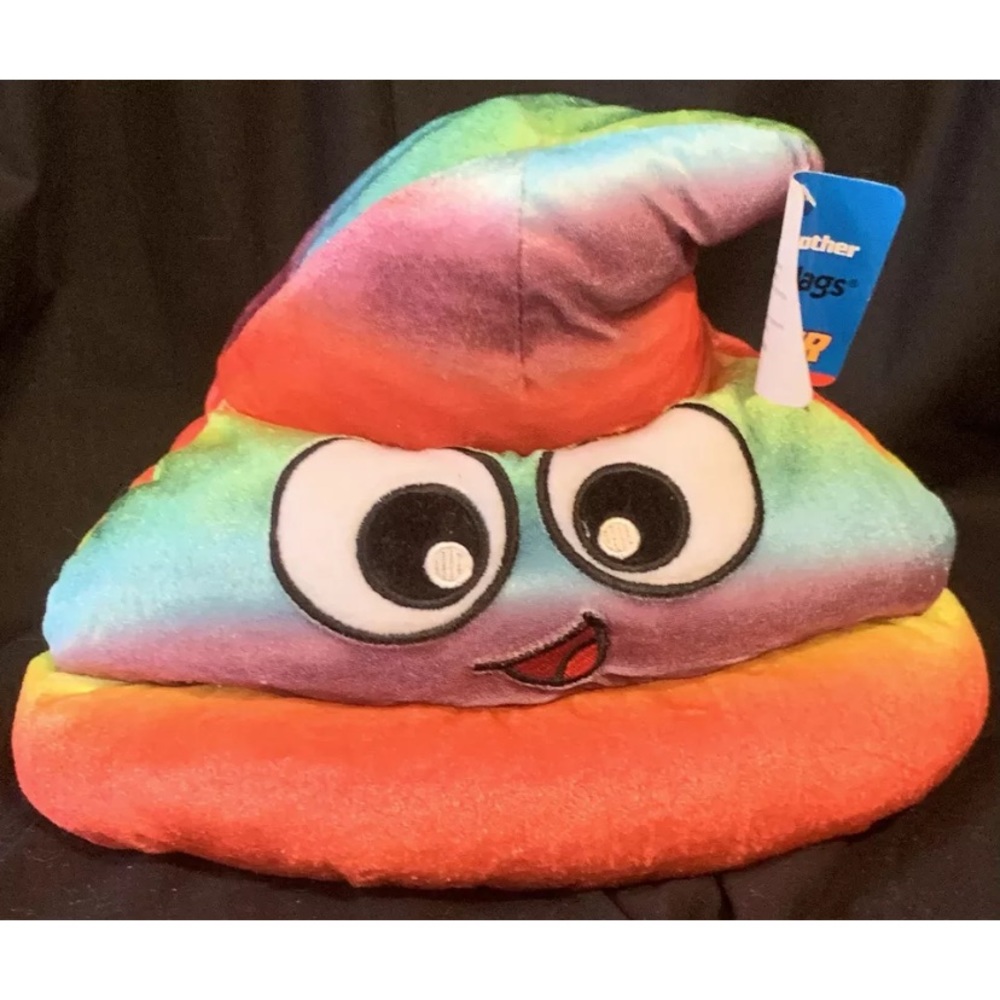 NWT Six Flags Rainbow Poop Emoji Hat Plush Large Smiling Winner Prize Funny